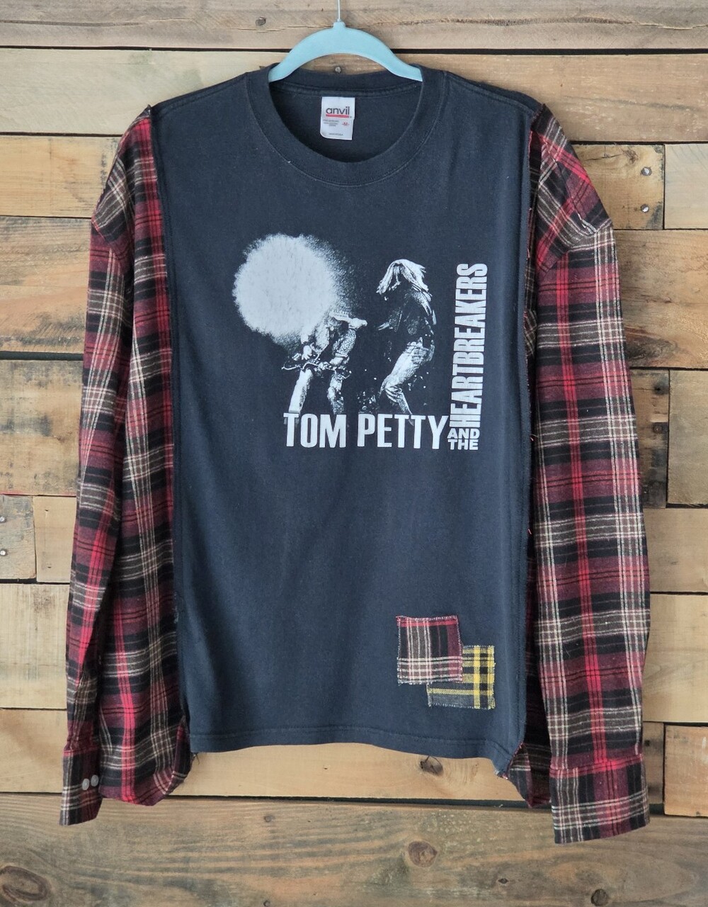 Upcycled Tom Petty Graphic T-shirt with Red Plaid Sleeves